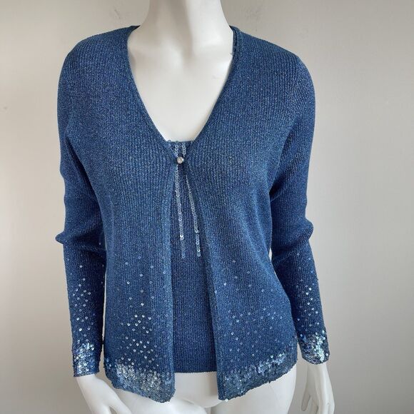 Vintage 2pc Cardigan Tank Top Set Shimmer Sequins Party Cocktail Sweater S/M - Picture 2 of 16